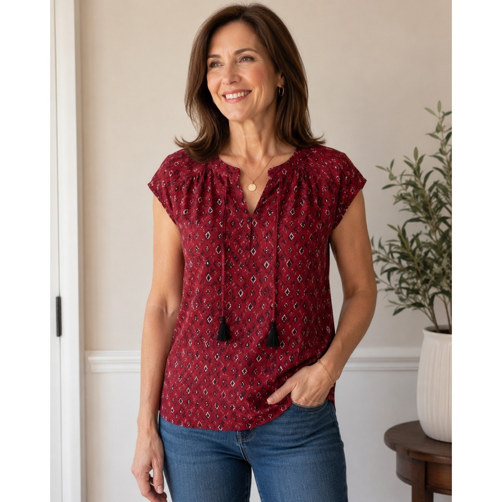 Lucky Brand Geometric Print Tassel Tie Blouse Women's Large NWT‎ Boho